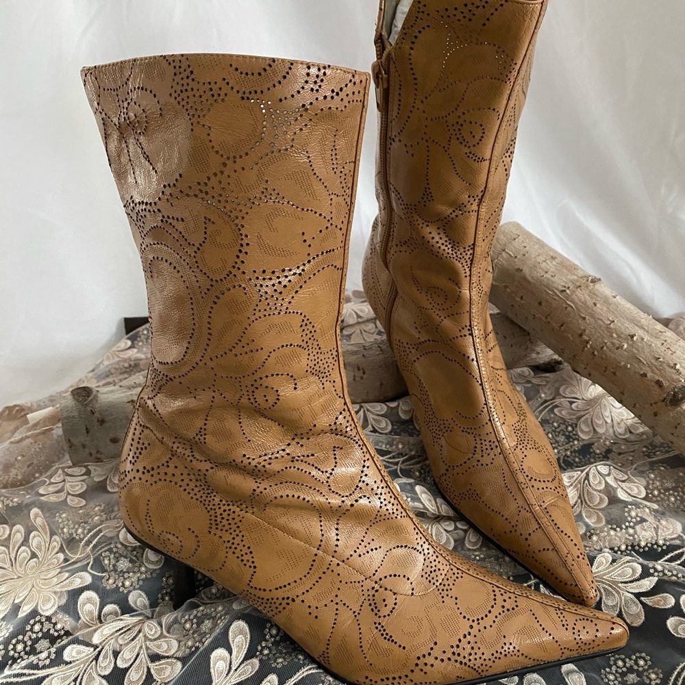 Camel Perforated Leather Short Boot With Pointed Toe And Side Zipper